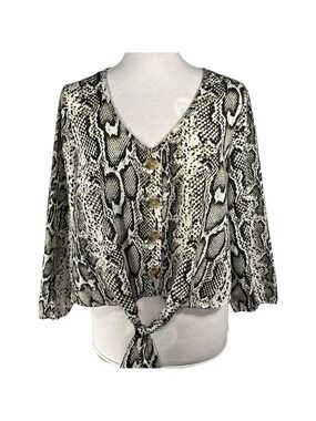 Streetwear Society snakeskin print crop top faux button down 3/4 Sleeve size M